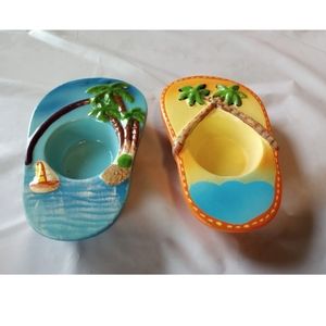 Tealight Candle Holder Ceramic Flip Flop Multi-Colored Set Of 2 Sail Boa…